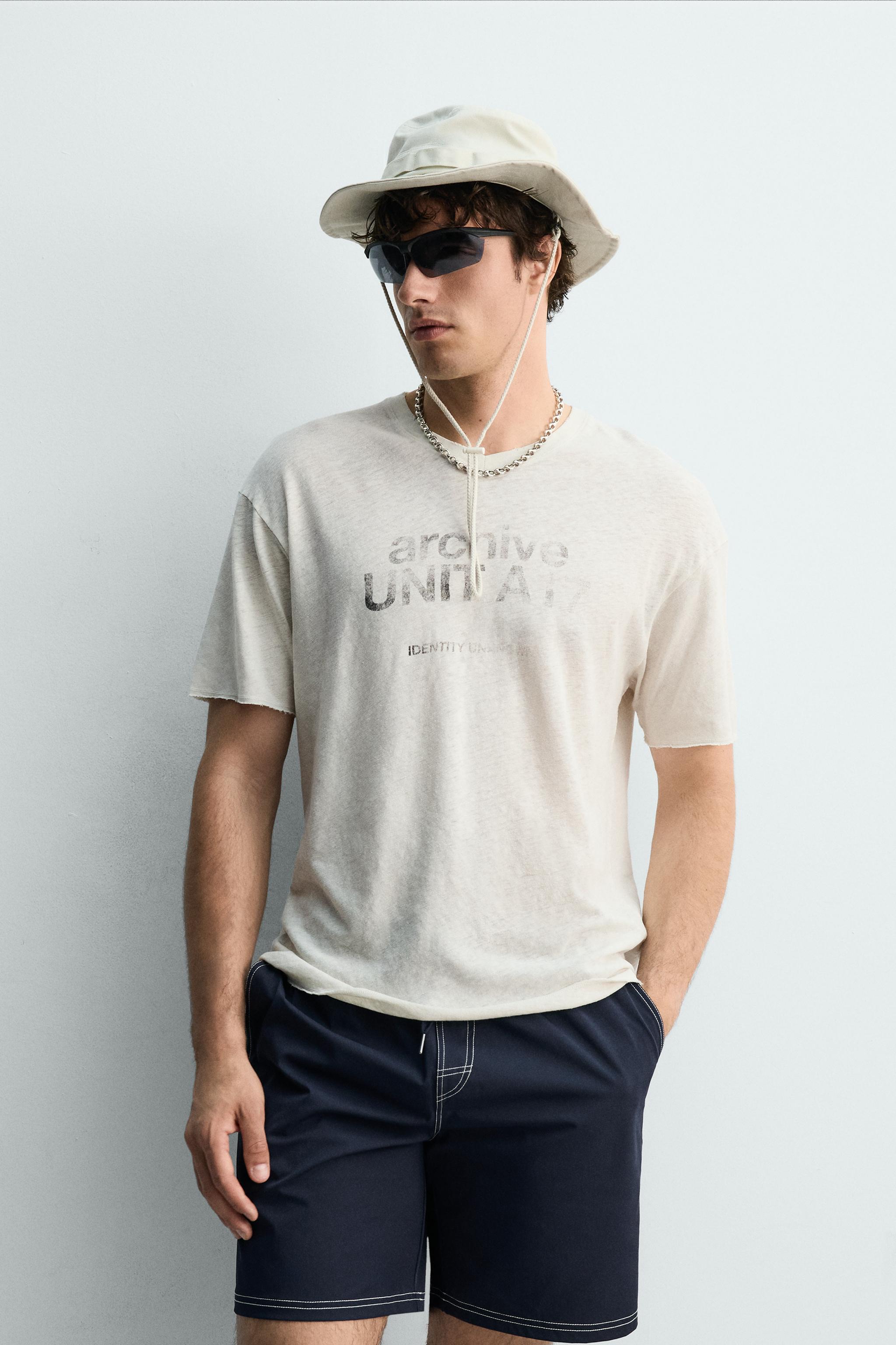 WASHED COTTON-LINEN T-SHIRT WITH TEXT